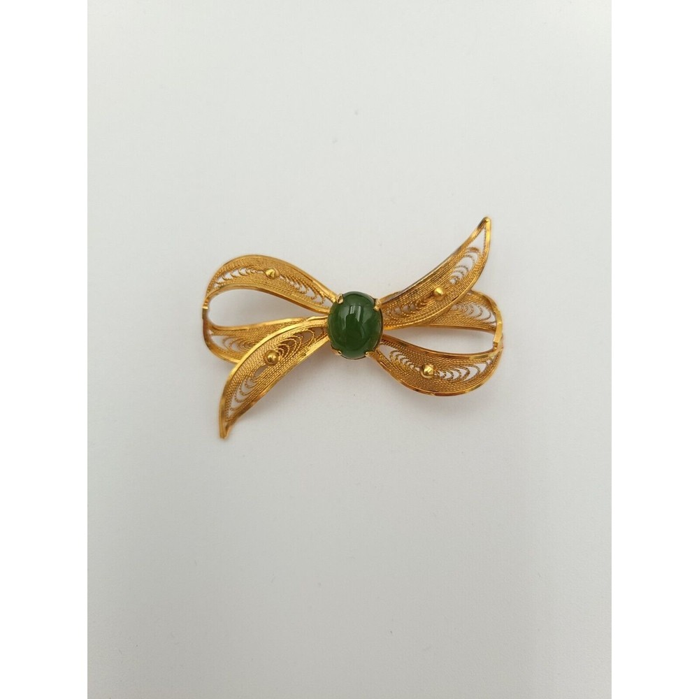 12/20 12k‎ Gold Filled Bow Brooch Pin With Jade Cabochon Signed "W"